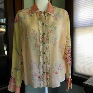 J Jill Peach Floral Ruffle Detail Rayon Blouse